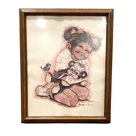 K. Smith African American Girl Art Print Vintage 70s 80s Framed 12.5 x 15.5 - Picture 1 of 9